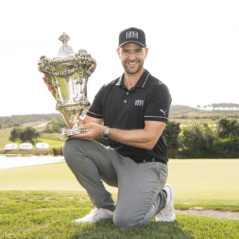 OBIDOS, PORTUGAL - SEPTEMBER 26: Marcel Schneider of Germany poses at the 18th green with the Trophy after winning the Open de Portugal at Royal Obidos at Royal Obidos Spa & Golf Resort on September 26, 2021 in Obidos, Portugal. (Photo by Octavio Passos/Getty Images)