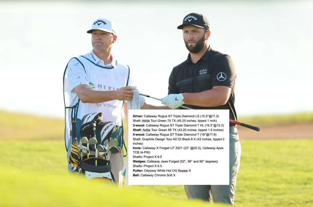 PUERTO VALLARTA, MEXICO - APRIL 28: Jon Rahm of Spain talks to his caddie Adam Hayes on the 11th hole during the first round of the Mexico Open at Vidanta on April 28, 2022 in Puerto Vallarta, Jalisco. (Photo by Hector Vivas/Getty Images)