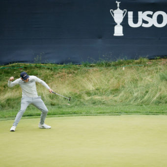 BROOKLINE, MASSACHUSETTS - JUNE 19: Matt Fitzpatrick of England celebrates making a long putt for birdie on the 13th green during the final round of the 122nd U.S. Open Championship at The Country Club on June 19, 2022 in Brookline, Massachusetts. tour news (Photo by Jared C. Tilton/Getty Images)