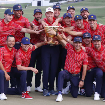 CHARLOTTE, NC - SEPTEMBER 25: USA Presidents Cup Team does a team photo after winning the 2022 Presidents Cup on September 25, 2022 at Quail Hollow Club in Charlotte, North Carolina. (Photo by Brian Spurlock/Icon Sportswire via Getty Images) tour news