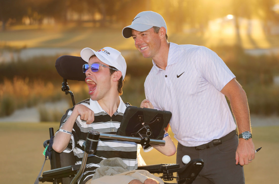 RIDGELAND, SOUTH CAROLINA - OCTOBER 23: Rory McIlroy of Northern Ireland celebrates with Kyler Aubrey, of Statesboro, Ga. after winning during the final round of the CJ Cup at Congaree Golf Club on October 23, 2022 in Ridgeland, South Carolina. tour news (Photo by Kevin C. Cox/Getty Images)