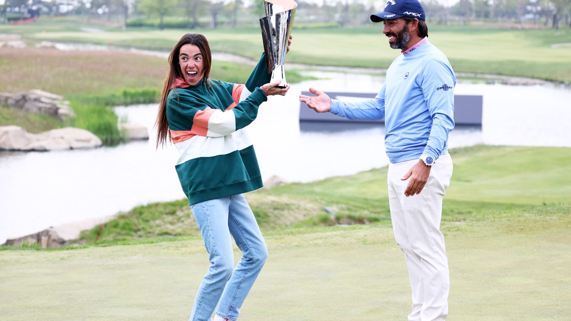 INCHEON, SOUTH KOREA - APRIL 30: Pablo Larrazabal of Spain presents the trophy to his girlfriend Adriana Lamelas after winning the tournament on Day Four of the Korea Championship Presented by Genesis at Jack Nicklaus GC Korea on April 30, 2023 in South Korea. (Photo by Chung Sung-Jun/Getty Images) tour news