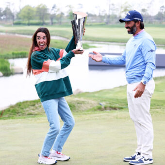 INCHEON, SOUTH KOREA - APRIL 30: Pablo Larrazabal of Spain presents the trophy to his girlfriend Adriana Lamelas after winning the tournament on Day Four of the Korea Championship Presented by Genesis at Jack Nicklaus GC Korea on April 30, 2023 in South Korea. (Photo by Chung Sung-Jun/Getty Images) tour news