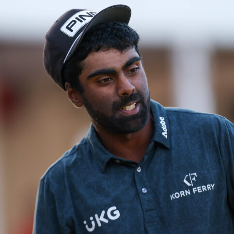 NAPA, CALIFORNIA - SEPTEMBER 17: Sahith Theegala of the United States looks on after winning on the 18th green during the final round of the Fortinet Championship at Silverado Resort and Spa on September 17, 2023 in Napa, California. (Photo by Jed Jacobsohn/Getty Images)