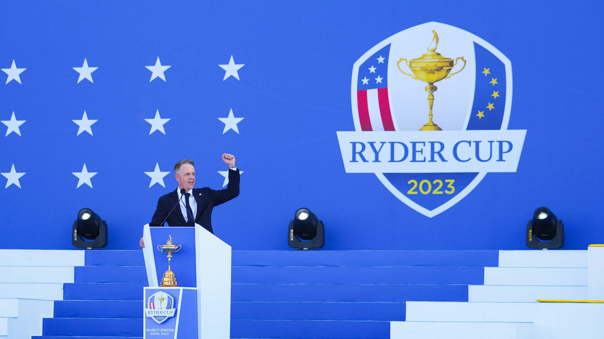 ROME, ITALY - SEPTEMBER 28: Luke Donald makes a speech during the Opening Ceremony of the Ryder Cup at Marco Simone Golf & Country Club on Thursday, September 28, 2023 in Rome, Italy. (Photo by Darren Carroll/PGA of America)