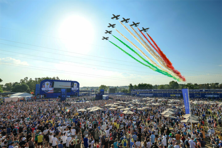 ROME, ITALY - SEPTEMBER 28: The Italian Air Force display team 'The Frecce Tricolori' fly-over the two teams on stage and thousands of spectators during the opening ceremony for the 2023 Ryder Cup at Marco Simone Golf Club on September 28, 2023 in Rome, Italy. (Photo by David Cannon/Getty Images)