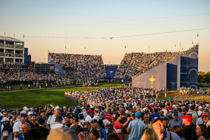 ROME, ITALY - SEPTEMBER 29: Tyrrell Hatton and Jon Rahm of Team Europe and Scottie Scheffler and Sam Burns of Team United States walk from the first tee during the Friday morning foursomes matches of the 2023 Ryder Cup at Marco Simone Golf Club on September 29, 2023 in Rome, Italy. (Photo by Octavio Passos/Getty Images)