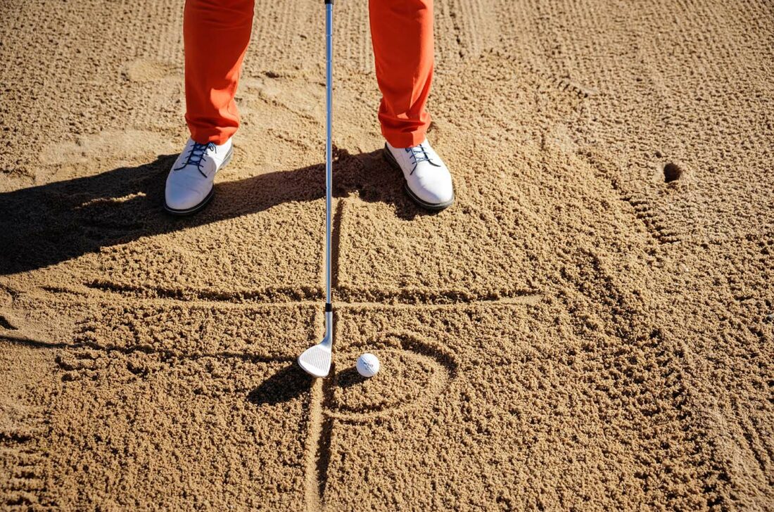 Mit eingezeichneten Linien wird im Sand der Treffmoment trainiert. Das Ziel: Vorm Ball den Sand zu treffen und Kreis auf den Ball mit rauszuschälen.